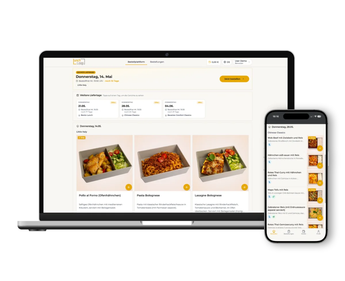 LunchLoop Orderportal – Laptop und Smartphone mit Wochenmenü